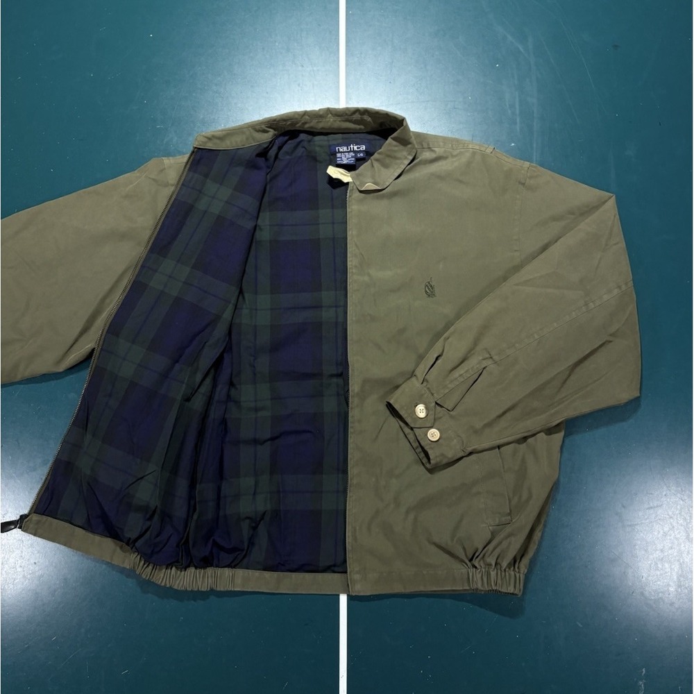 Vintage Nautica Harrington Jacket Men's Large Olive Green Tartan Plaid Lined 90s